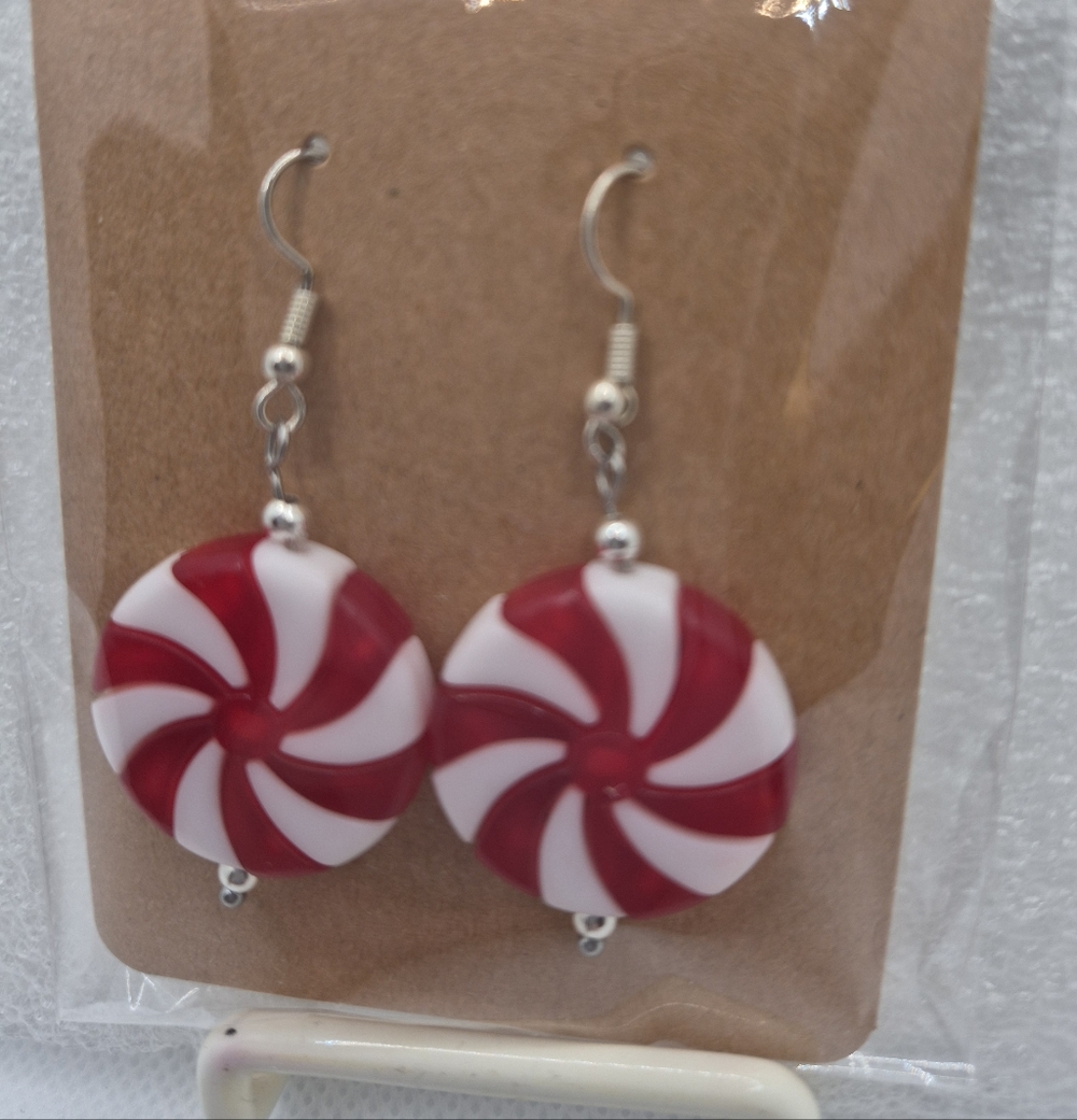 Red & White Peppermint Swirl Drop Earrings - Women Jewelry